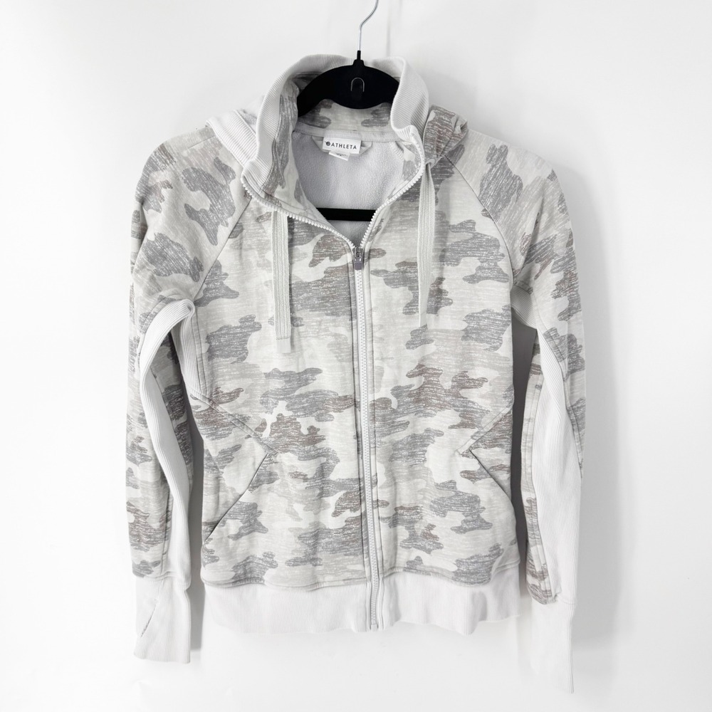 Athleta Triumph Camo Hoodie Full Zip Sweatshirt Gray White XS 511504
